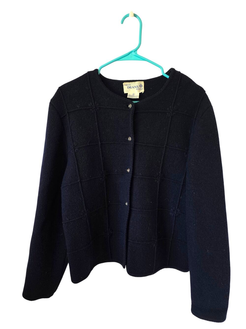 Vintage Deans of Scotland Womens Wool Cardigan Sweater Size Large Blue Career
